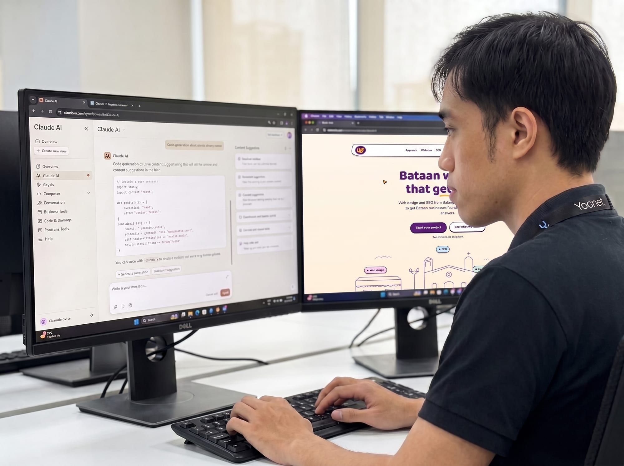 A Yoonet team member using Claude AI on one monitor while reviewing a client website on a second screen