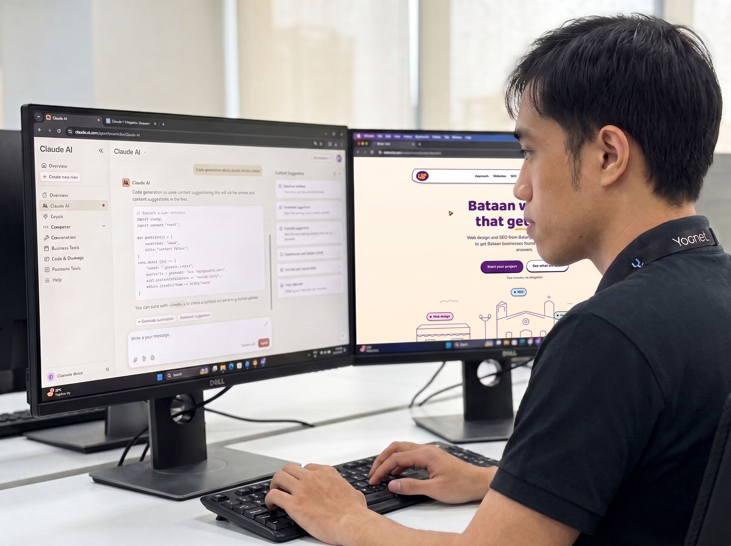 Yoonet teammate reviewing the Ube studio website on a dual-monitor setup
